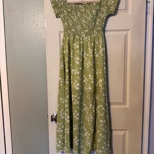 Mint green, dusty floral, split thigh shirted dress
